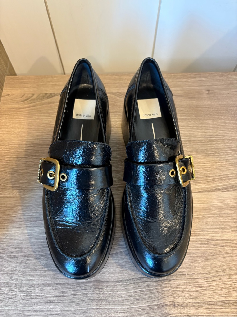 Dolce Vita Black Heeled Chunky Loafers with Gold Buckle